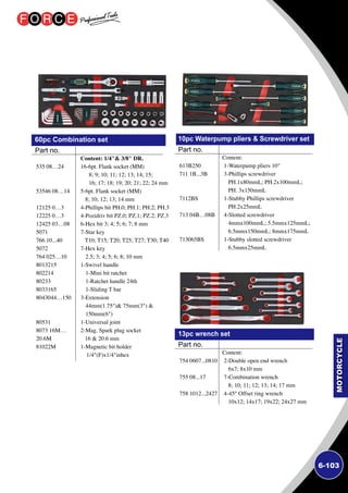 6-103
10pc Waterpump pliers  Screwdriver set
13pc wrench set
60pc Combination set
Content:
1-Waterpump pliers 10
3-Phillips screwdriver
PH.1x80mmL; PH.2x100mmL;
PH. 3x150mmL
1-Stubby Phillips screwdriver
PH.2x25mmL
4-Slotted screwdriver
4mmx100mmL; 5.5mmx125mmL;
6.5mmx150mmL; 8mmx175mmL
1-Stubby slotted screwdriver
6.5mmx25mmL
Content:
2-Double open end wrench
6x7; 8x10 mm
7-Combination wrench
8; 10; 11; 12; 13; 14; 17 mm
4-45° Offset ring wrench
10x12; 14x17; 19x22; 24x27 mm
Content: 1/4 3/8 DR.
16-6pt. Flank socket (MM)
8; 9; 10; 11; 12; 13; 14; 15;
16; 17; 18; 19; 20; 21; 22; 24 mm
5-6pt. Flank socket (MM)
8; 10; 12; 13; 14 mm
4-Phillips bit PH.0; PH.1; PH.2; PH.3
4-Pozidriv bit PZ.0; PZ.1; PZ.2; PZ.3
6-Hex bit 3; 4; 5; 6; 7; 8 mm
7-Star key
T10; T15; T20; T25; T27; T30; T40
7-Hex key
2.5; 3; 4; 5; 6; 8; 10 mm
1-Swivel handle
1-Mini bit ratchet
1-Ratchet handle 24th
1-Sliding T bar
3-Extension
44mm(1.75) 75mm(3) 
150mm(6)
1-Universal joint
2-Mag. Spark plug socket
16  20.6 mm
1-Magnetic bit holder
1/4(F)x1/4inhex
613B250
711 1B...3B
7112BS
713 04B…08B
713065BS
754 0607...0810
755 08...17
758 1012...2427
535 08…24
53546 08…14
12125 0…3
12225 0…3
12425 03…08
5071
766 10...40
5072
764 025…10
8013215
802214
80233
8033165
8043044…150
80531
8073 16M…
20.6M
81022M
Part no.
Part no.
Part no.
 