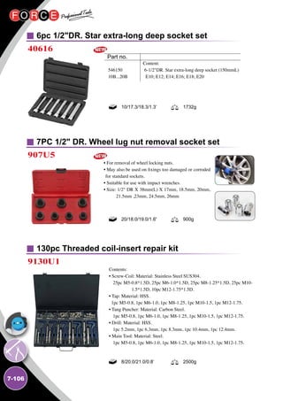 7-106
7PC 1/2 DR. Wheel lug nut removal socket set
907U5
• For removal of wheel locking nuts.
• May also be used on fixings too damaged or corroded
for standard sockets.
• Suitable for use with impact wrenches.
• Size: 1/2 DR X 38mm(L) X 17mm, 18.5mm, 20mm,
21.5mm ,23mm, 24.5mm, 26mm
20/18.0/19.0/1.6' 900g
130pc Threaded coil-insert repair kit
9130U1
Contents:
• Screw-Coil: Material: Stainless Steel SUS304.
25pc M5-0.8*1.5D, 25pc M6-1.0*1.5D, 25pc M8-1.25*1.5D, 25pc M10-
1.5*1.5D, 10pc M12-1.75*1.5D.
• Tap: Material: HSS.
1pc M5-0.8, 1pc M6-1.0, 1pc M8-1.25, 1pc M10-1.5, 1pc M12-1.75.
• Tang Puncher: Material: Carbon Steel.
1pc M5-0.8, 1pc M6-1.0, 1pc M8-1.25, 1pc M10-1.5, 1pc M12-1.75.
• Drill: Material: HSS.
1pc 5.2mm, 1pc 6.3mm, 1pc 8.3mm, 1pc 10.4mm, 1pc 12.4mm.
• Main Tool: Material: Steel.
1pc M5-0.8, 1pc M6-1.0, 1pc M8-1.25, 1pc M10-1.5, 1pc M12-1.75.
8/20.0/21.0/0.8’ 2500g
6pc 1/2DR. Star extra-long deep socket set
40616
10/17.3/18.3/1.3’ 1732g
Content:
6-1/2DR. Star extra-long deep socket (150mmL)
E10; E12; E14; E16; E18; E20
546150
10B...20B
Part no.
 