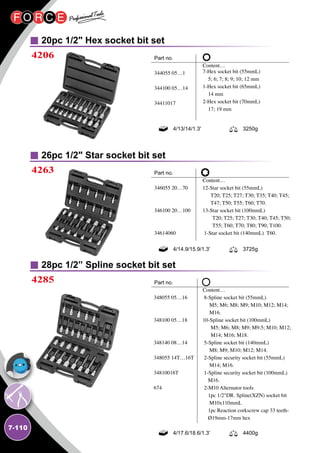 7-110
28pc 1/2” Spline socket bit set
4285
348055 05…16
348100 05…18
348140 08…14
348055 14T…16T
34810016T
674
Part no.		
	 Content…
	 8-Spline socket bit (55mmL)
	 M5; M6; M8; M9; M10; M12; M14;
	 M16.
	 10-Spline socket bit (100mmL)
	 M5; M6; M8; M9; M9.5; M10; M12;
	 M14; M16; M18.
	 5-Spline socket bit (140mmL)
	 M8; M9; M10; M12; M14.
	 2-Spline security socket bit (55mmL)
	 M14; M16.
	 1-Spline security socket bit (100mmL)
	 M16.
	 2-M10 Alternator tools
	 1pc 1/2DR. Spline(XZN) socket bit
	 M10x110mmL
	 1pc Reaction corkscrew cap 33 teeth-	
	 Ø19mm-17mm hex
20pc 1/2 Hex socket bit set
26pc 1/2 Star socket bit set
4206
4263
Part no.		
	 Content…
344055 05…1	
	
344100 05…14	
	
34411017	
Part no.		
	 Content…
346055 20…70	 12-Star socket bit (55mmL)
	 T20; T25; T27; T30; T35; T40; T45;
	 T47; T50; T55; T60; T70.
346100 20…100	 13-Star socket bit (100mmL)
	 T20; T25; T27; T30; T40; T45; T50;
	 T55; T60; T70; T80; T90; T100.
34614060	 1-Star socket bit (140mmL) T60.
7-Hex socket bit (55mmL)
5; 6; 7; 8; 9; 10; 12 mm
1-Hex socket bit (65mmL)
14 mm
2-Hex socket bit (70mmL)
17; 19 mm
4/13/14/1.3' 3250g
4/14.9/15.9/1.3' 3725g
4/17.6/18.6/1.3' 4400g
 