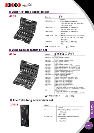 GENERAL
7-111
26pc 1/2 Ribe socket bit set
26pc Special socket bit set
4265
4266
Part no.		
	 Content…
	 10-Ribe socket bit (100mmL)
	 M5; M6; M7; M8; M9; M10; M12;
	 M13;M14; M16.
	 5-Ribe socket bit (140mmL)
	 M8; M9; M10; M12; M14.
	 1-Ribe socket bit (140mmL)
	 M10V.
	 9-Ribe tamperproof socket bit (63mmL)
	 M5; M6; M7; M8; M9; M10; M12;
	 M14;M16.
	 1-Ribe socket bit (55mmL)
	 M6.
Content…
2-Hex socket bit (100mmL)
11; 13.
1-Hex socket bit (140mmL) 10mm.
2-Star socket bit (100mmL)
T60; T70.
1-Star socket bit (140mmL) T60.
1-Star tamperproof socket bit (100mmL) T-55H
1-Star tamperproof socket bit (105mmL) T-70H.
1-Star tamperproof socket bit (130mmL) T-30H.
1-Star tamperproof socket bit (140mmL) T-80H.
1-Spline socket bit (100mmL) M14.
1-Spline socket bit (120mmL) M9.
4-Spline socket bit (140mmL)
M8; M9; M10; M12.
1-Spline security socket bit (55mmL) M16.
1-Spline security socket bit (100mmL) M16.
1-Ribe socket bit (100mmL) M13.
1-Ribe socket bit (120mmL) M12.
1-Ribe socket bit (140mmL) M9.
1-Ribe socket bit (140mmL) M10V.
2-M10 Alternator tools
1pc 1/2”DR. Spline(XZN) socket bit M10x110mmL
1pc Reaction corkscrew cap 33 teeth-Ø19mm-17mm hex
2-T50 Alternator tools
1pc 1/2”DR. Star socket bit T50x110mmL
1pc Reaction corkscrew cap 33 teeth-Ø19mm-17mm hex
349100 05…16
349140 08…14
34914010V
349063 05T…16T
34905506
Part no.
344100 11…13
34414010
346100 60…70
34614060
34710055
34710570
34713030
34714080
34810014
34812009
348140 08…12
34805516T
34810016T
34910013
34912012
34914009
34914010V
674
678
6pc Extra-long screwdriver set
20611 Part no.		
	 Content…
655 11…12	 2-Extra-long Phillips screwdriver
	 (350mmL)
	 PH.1; PH.2
6553 04…08	 4-Extra-long slotted screwdriver
	 (300mmL)
	 4;5;6;8mm
4/15.7/16.7/1.3' 3925g
4/18.8/19.8/1.3' 4700g
 