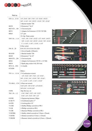 GENERAL
7-129
539 1.4…15.16
80239
8043 075…150
80531
80643
549 5.16…1.1.4
546 10…20
8014430
80249
8044 075…250
80541
80634
8074 16…20.6
8154260
755 1.4…1.5.16
751 0810…1719
5109S
764 1.16…1.2
616300
611B175
614250
7111BS
7111B
7112M
713055BS
713055B
713065M
1/4; 5/16; 3/8; 7/16; 1/2; 9/16; 19/32;
5/8; 11/16; 3/4; 25/32; 13/16; 7/8; 15/16
1-Ratchet handle 72th
2-Extension 3”  6”
1-Universal joint
1-Adaptor for Extension 1/2(F)*3/8(M)
1/2” part
19-12pt. Flank socket
5/16; 3/8; 7/16; 15/32; 1/2; 9/16; 19/32;
5/8; 11/16; 3/4; 25/32; 13/16; 7/8; 15/16;
1; 1-1/16; 1-1/8; 1-3/16; 1-1/4
6-Star socket
E10; E12; E14; E16; E18; E20
1-Swivel handle (430mmL)
1-Ratchet handle 72th
2-Extension 3”  10”
1-Universal joint
1-Adaptor for Extension 3/8”(F) x 1/2”(M)
2-Spark plug socket 16  20.6 mm
1-L handle
Others :
17-Combination wrench
1/4; 5/16; 3/8; 7/16; 1/2; 9/16;
5/8; 11/16; 3/4; 13/16; 7/8; 15/16;
1; 1-1/16; 1-1/8; 1-1/4; 1-5/16
5-Flare nut wrench
5/16x3/8; 3/8x7/16; 1/2x9/16;
5/8x3/4; 11/16x3/4
10pc Hex key set
1/16; 5/64; 3/32; 1/8; 5/32;
3/16; 1/4; 5/16; 3/8; 1/2
1-Engineering hammer 300gw
1-Combination pliers 7”
1-Locking pliers 10”
1-Stubby Phillips screwdriver PH.1
1-Phillips screwdriver PH.1
1-Hammer Phillips screwdriver PH.1
1-Stubby slotted screwdriver 5.5mm x 25mmL
1-Slotted screwdriver 5.5mm x 125mmL
1-Hammer slotted screwdriver 6.5mm x 150mmL
Part no.
 