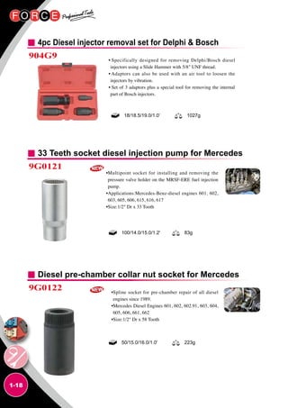 1-18
4pc Diesel injector removal set for Delphi  Bosch
• Specifically designed for removing Delphi/Bosch diesel
injectors using a Slide Hammer with 5/8 UNF thread.
• Adaptors can also be used with an air tool to loosen the
injectors by vibration.
• Set of 3 adaptors plus a special tool for removing the internal
part of Bosch injectors.
18/18.5/19.0/1.0’ 1027g
904G9
33 Teeth socket diesel injection pump for Mercedes
Diesel pre-chamber collar nut socket for Mercedes
9G0121
9G0122
•Multipoint socket for installing and removing the
pressure valve holder on the MRSF-ERE fuel injection
pump.
•Applications:Mercedes-Benz-diesel engines 601, 602,
603, 605, 606, 615, 616, 617
•Size:1/2 Dr x 33 Tooth
•Spline socket for pre-chamber repair of all diesel
engines since 1989.
•Mercedes Diesel Engines 601, 602, 602.91, 603, 604,
605, 606, 661, 662
•Size:1/2 Dr x 58 Tooth
100/14.0/15.0/1.2' 83g
50/15.0/16.0/1.0' 223g
 