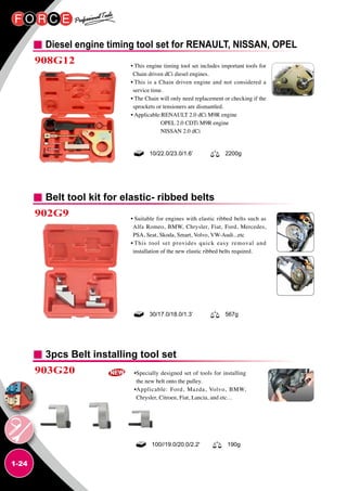 1-24
Diesel engine timing tool set for RENAULT, NISSAN, OPEL
908G12 • This engine timing tool set includes important tools for
Chain driven dCi diesel engines.
• This is a Chain driven engine and not considered a
service time.
• The Chain will only need replacement or checking if the
sprockets or tensioners are dismantled.
• Applicable:RENAULT 2.0 dCi M9R engine
OPEL 2.0 CDTi M9R engine
NISSAN 2.0 dCi
10/22.0/23.0/1.6’ 2200g
Belt tool kit for elastic- ribbed belts
902G9 • Suitable for engines with elastic ribbed belts such as
Alfa Romeo, BMW, Chrysler, Fiat, Ford, Mercedes,
PSA, Seat, Skoda, Smart, Volvo, VW-Audi...etc
• This tool set provides quick easy removal and
installation of the new elastic ribbed belts required.
30/17.0/18.0/1.3’ 567g
3pcs Belt installing tool set
903G20 •Specially designed set of tools for installing
the new belt onto the pulley.
•Applicable: Ford, Mazda, Volvo, BMW,
Chrysler, Citroen, Fiat, Lancia, and etc…
100//19.0/20.0/2.2' 190g
 