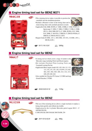 1-34
Engine timing tool set for BENZ M271
Engine timing tool set for BENZ
Engine timing tool set for BENZ
904G18
906G7
9G1218
•This retaining device makes it possible to position the
camshafts into the installation position.
•Includes a Retainer to draw in the timing chain and to
retain timing chain with camshaft sprockets in mesh.
•Applicable:CLK 200K (W209), C 180K, C200K, C 230K (W203), C
Sportcoupe C 160K, C 180K, C 200K, C 230K, E 200K
(W211), SLK 200K (R171), C 180K (W204), CLC 180K,
CLC 200K, C 180 CGI, C 200CGI, C 250CGI (W204), E
200CGI, E 250CGI (W212, C207)
•Engine Codes:E18ML (02-), DE18ML (03-05), E16ML (08-),
DE18LA (09-)
•A timing tool set which covers a large of models in the
Mercedes range including Petrol and Diesel engines.
•Set includes Flywheel Plate Locking Tools and
Camshaft Locking Pin Set.
•Application:Benz engine model 102, 103, 104, 111, 112,
113, 119, 137, 155, 156, 272/979, 273, 601,
602, 603, 604, 605, 606, 611, 612, 613,
628, 629, 640, 642.
•Also suitable for Chrysler PT Cruiser 2.2 CRD and Jeep
Grand Cherokee 2.7CRD.
•The use of the mounting device allows a single mechanic to replace a
timing chain quickly and without any trouble.
•Application:for the 4-cylinder Mercedes petrol engine M111 - C
180/200/220/230;
E 200/230;CLK 200/230;SLK 200/230;ML 230
6/17.1/18.1/2.6' 2850g
20/22.5/23.5/1.6' 1125g
24/11.5/12.5/2.8' 480g
 