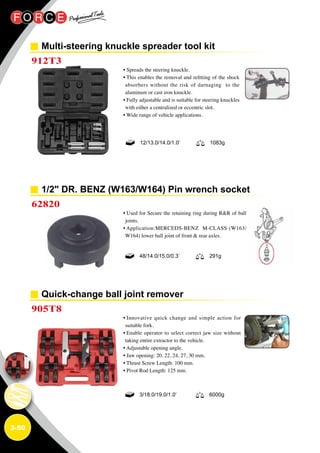 3-50
Multi-steering knuckle spreader tool kit
912T3
• Spreads the steering knuckle.
• This enables the removal and refitting of the shock
absorbers without the risk of darnaging to the
aluminum or cast iron knuckle.
• Fully adjustable and is suitable for steering knuckles
with either a centralized or eccentric slot.
• Wide range of vehicle applications.
12/13.0/14.0/1.0’ 1083g
1/2 DR. BENZ (W163/W164) Pin wrench socket
62820
• Used for Secure the retaining ring during RR of ball
joints.
• Application:MERCEDS-BENZ M-CLASS (W163/
W164) lower ball joint of front  rear axles.
48/14.0/15.0/0.3’ 291g
Quick-change ball joint remover
905T8
• Innovative quick change and simple action for
suitable fork.
• Enable operator to select correct jaw size without
taking entire extractor to the vehicle.
• Adjustable opening angle.
• Jaw opening: 20, 22, 24, 27, 30 mm.
• Thrust Screw Length: 100 mm.
• Pivot Rod Length: 125 mm.
3/18.0/19.0/1.0’ 6000g
 