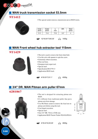 5-66
MAN truck transmission socket 53.5mm
MAN Front wheel hub extractor tool 115mm
3/4 DR. MAN Pitman arm puller 67mm
9T1412
9T1429
6281867
• This special socket removes, transmission nut on MAN trucks.
• The tool is used to remove the front-wheel hub.
• Use this axle with spanner to spin the screw.
• Extremely robust execution.
• Flat oval form.
• European truck repair tool.
• Special steel.
• Specification:M115*P1.5
• Application:MAN truck
• The tool is designed for extracting pitman arm of
MAN.
• It’s different from traditional puller that prevents
pitman arm from damage.
• Use H6,70mm socket to remove the fixed nut on the
pitman arm before using this tool.
• Cast forged execution.
• Special steel.
• Size:3/4 DR. 75(A) x 67(B) mm
• Application:MAN Tractor Trailer FE410A/FE414.
12/16.8/17.8/0.35’ 1400g
4/16.0/17.0/1.1’ 4000g
4/18.4/19.4/0.45’ 4600g
Inner	 Outer	 L 	 DR.	 Stud	
ømm	 ømm	mm		 ømm
53.5	 72.0	 75.0	 3/4	 4
 
 