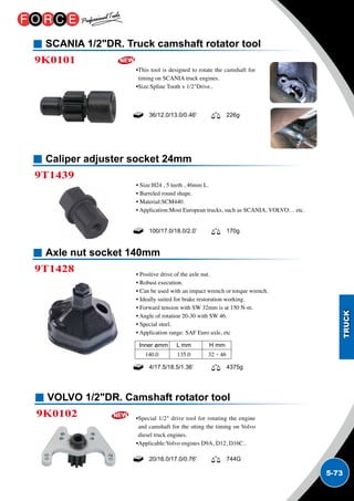 5-73
SCANIA 1/2DR. Truck camshaft rotator tool
9K0101
•This tool is designed to rotate the camshaft for
timing on SCANIA truck engines.
•Size:Spline Tooth x 1/2Drive..
Caliper adjuster socket 24mm
Axle nut socket 140mm
9T1439
9T1428
• Size:H24 , 5 teeth , 46mm L.
• Barreled round shape.
• Material:SCM440.
• Application:Most European trucks, such as SCANIA, VOLVO… etc.
• Positive drive of the axle nut.
• Robust execution.
• Can be used with an impact wrench or torque wrench.
• Ideally suited for brake restoration working.
• Forward tension with SW 32mm is at 150 N-m.
• Angle of rotation 20-30 with SW 46.
• Special steel.
• Application range: SAF Euro axle, etc
100/17.0/18.0/2.0’ 170g
4/17.5/18.5/1.36’ 4375g
Inner ømm	 L mm	 H mm
140.0	 135.0	 32、46
VOLVO 1/2DR. Camshaft rotator tool
9K0102 •Special 1/2 drive tool for rotating the engine
and camshaft for the stting the timing on Volvo
diesel truck engines.
•Applicable:Volvo engines D9A, D12, D16C..
20/16.0/17.0/0.76' 744G
36/12.0/13.0/0.46' 226g
 