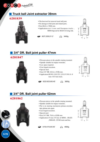 5-76
3/4 DR. Ball joint puller 47mm
6281847
• Pressure pieces in the spindle rotating mounted.
• Spindle suitable for impact wrenches.
• Less space required.
• Cast forged execution.
• Special steel.
• Size:3/4 DR. 63(A) x 47(B) mm
• Application:HINO,ISUZU,UD,FUSO,8.8
tons~10.5 tons truck.
6/22.8/23.8/0.45’ 3800g
 
3/4 DR. Ball joint puller 62mm
6281862
• Pressure pieces in the spindle rotating mounted.
• Spindle suitable for impact wrenches.
• Put is on steering mechanism pitman arm,then
take pitman arm apart.
• Cast forged execution.
• Special steel.
• Size:3/4 DR. 75(A) x 62(B) mm
• Application:15 tons~35 tons of HINO , ISUZU
, NISSAN , FUSO truck and bus.
4/18.4/19.4/0.45’ 4600g
 
Truck ball Joint extractor 39mm
6281839
• The best tool for removal truck ball joint.
• No damage to ball joint and related parts.
• Size:60(A) x 39(B) mm
• Application:over 4 tons and European trucks ,
HINO Special for MAN 414 drag link.
8/27.2/28.2/1.2’ 3400g
 
 