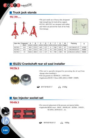 5-80
ISUZU Crankshaft rear oil seal installer
4pc Injector socket set
902K1
904K1
• This tool is specially designed for preventing the oil seal from
damage when installing it .
• Oil seal genuine no: BZ4962-E , 3-97071561.
• Application:ISUZU 3.5tons (4JB1,4JG2) (130HP / 150HP).
• For removal replacement of the pressure nut injector holder.
• Applicable:BENZ truck , MAN , NEOPLAN , SETRA , IVECO ,
SCANIA , RANAULT…etc.
8/17.0/18.0/1.1’ 2125g
18/19.0/19.5/1.3’ 1055g
Truck jack stands
9U39…
• The jack stands are of heavy-duty designand
high strength legs for truck  bus support.
• 9U3911 9U3912 are designed with rubber
pad which can prevent the truck  bus body
from damage.
Item No.	 Capacity	 A	 B	 C	 D	 E	 F	 G	 W	 Packing	 g
	 (ton)	 (mm)	(mm)	 (mm)	(mm)	(mm)	(mm)	(mm)	(kgw)
9U3911	 6.8	 803	 235.5	 445	 127	 0	 540	 870	 47	 1/43.5/46.0/3.27	 43500
9U3912	 6.8	 803	 235.5	 445	 127	 70	 670	 1426.5	 59	 1/56.0/59.0/4.67	 56000
9U3913	 15	 948.5	 308.5	 513	 127	 70	 700	 1389	 98	 2/196.0/211.0/58.3	 98000
 