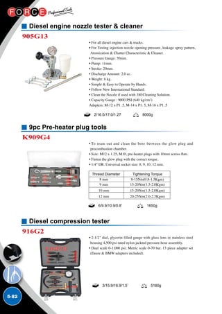 5-82
9pc Pre-heater plug tools
Diesel compression tester
K909G4
916G2
• To ream out and clean the bore between the glow plug and
precombustion chamber.
• Size: M12 x 1.25, M10, pre-heater plugs with 10mm across flats.
• Fasten the glow plug with the correct torque.
• 1/4 DR. Universal socket size: 8, 9, 10, 12 mm.
• 2-1/2 dial, glycerin filled gauge with glass lens in stainless steel
housing 4,500 psi rated nylon jackted pressure hose assembly.
• Dual scale 0-1,000 psi; Metric scale 0-70 bar. 13 piece adapter set
(Deere  BMW adapters included).
6/9.9/10.9/0.8’ 1650g
3/15.9/16.9/1.5’ 5180g
	Thread Diameter	 Tightening Torque
	 8 mm	 8-15Nm(0.8-1.5Kgm)
	 9 mm	 15-20Nm(1.5-2.0Kgm)
	 10 mm	 15-20Nm(1.5-2.0Kgm)
	 12 mm	 20-25Nm(2.0-2.5Kgm)
Diesel engine nozzle tester  cleaner
905G13
• For all diesel engine cars  trucks.
• For Testing injection nozzle opening pressure, leakage spray pattern,
Atomization  Chatter Characteristic  Cleaner.
• Pressure Gauge: 70mm.
• Pump: 11mm.
• Stroke: 20mm.
• Discharge Amount: 2.0 cc.
• Weight: 8 kg.
• Simple  Easy to Operate by Hands.
• Follow New International Standard.
• Clean the Nozzle if used with 3M Cleaning Solution.
• Capacity Gauge : 9000 PSI (640 kg/cm2)
Adapters: M-12 x P1. 5, M-14 x P1. 5, M-16 x P1. 5
2/16.0/17.0/1.27 8000g
 