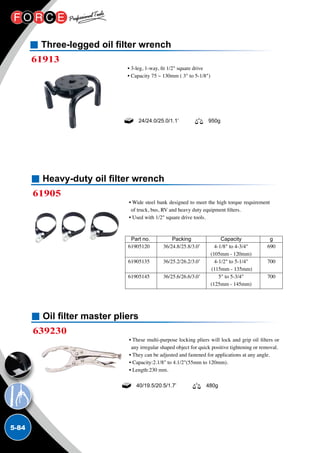 5-84
Oil filter master pliers
639230
• These multi-purpose locking pliers will lock and grip oil filters or
any irregular shaped object for quick positive tightening or removal.
• They can be adjusted and fastened for applications at any angle.
• Capacity:2.1/8 to 4.1/2(55mm to 120mm).
• Length:230 mm.
40/19.5/20.5/1.7’ 480g
Heavy-duty oil filter wrench
61905
• Wide steel bank designed to meet the high torque requirement
of truck, bus, RV and heavy duty equipment filters.
• Used with 1/2 square drive tools.
Part no.	 Packing	 Capacity	 g
61905120	 36/24.8/25.8/3.0’	 4-1/8 to 4-3/4	 690
		 (105mm - 120mm)	
61905135	 36/25.2/26.2/3.0’	 4-1/2 to 5-1/4	 700
		 (115mm - 135mm)	
61905145	 36/25.6/26.6/3.0’	 5 to 5-3/4 	 700
		 (125mm - 145mm)	
Three-legged oil filter wrench
61913
• 3-leg, 1-way, fit 1/2 square drive
• Capacity 75 ~ 130mm ( 3 to 5-1/8)
24/24.0/25.0/1.1’ 950g
 