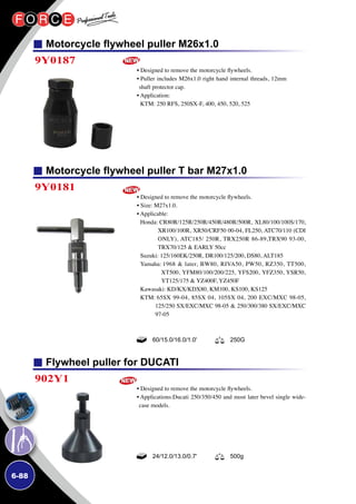 6-88
Motorcycle flywheel puller M26x1.0
Motorcycle flywheel puller T bar M27x1.0
Flywheel puller for DUCATI
9Y0187
9Y0181
902Y1
• Designed to remove the motorcycle flywheels.
• Puller includes M26x1.0 right hand internal threads, 12mm
shaft protector cap.
• Application:
KTM: 250 RFS, 250SX-F, 400, 450, 520, 525
• Designed to remove the motorcycle flywheels.
• Size: M27x1.0.
• Applicable:
Honda: CR80R/125R/250R/450R/480R/500R, XL80/100/100S/170,
XR100/100R, XR50/CRF50 00-04, FL250, ATC70/110 (CDI
ONLY), ATC185/ 250R, TRX250R 86-89,TRX90 93-00,
TRX70/125  EARLY 50cc
Suzuki: 125/160EK/250R, DR100/125/200, DS80, ALT185
Yamaha: 1968  later, BW80, RIVA50, PW50, RZ350, TT500,
XT500, YFM80/100/200/225, YFS200, YFZ350, YSR50,
YT125/175  YZ400F, YZ450F
Kawasaki: KD/KX/KDX80, KM100, KS100, KS125
KTM: 65SX 99-04, 85SX 04, 105SX 04, 200 EXC/MXC 98-05,
125/250 SX/EXC/MXC 98-05  250/300/380 SX/EXC/MXC
97-05
• Designed to remove the motorcycle flywheels.
• Applications:Ducati 250/350/450 and most later bevel single wide-
case models.
60/15.0/16.0/1.0' 250G
24/12.0/13.0/0.7' 500g
 