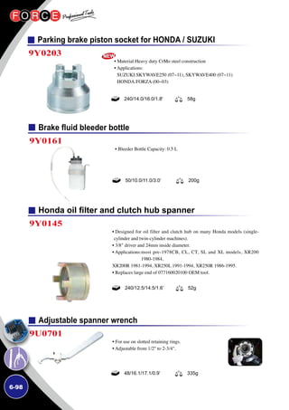 6-98
Honda oil filter and clutch hub spanner
9Y0145
• Designed for oil filter and clutch hub on many Honda models (single-
cylinder and twin-cylinder machines).
• 3/8 driver and 24mm inside diameter.
• Applications:most pre-1978CB, CL, CT, SL and XL models, XR200
1980-1984,
XR200R 1981-1994, XR250L 1991-1994, XR250R 1986-1995.
• Replaces large end of 077160020100 OEM tool.
240/12.5/14.5/1.6’ 52g
Adjustable spanner wrench
9U0701
• For use on slotted retaining rings.
• Adjustable from 1/2 to 2-3/4.
48/16.1/17.1/0.9’ 335g
Brake fluid bleeder bottle
9Y0161
• Bleeder Bottle Capacity: 0.5 L
50/10.0/11.0/3.0’ 200g
Parking brake piston socket for HONDA / SUZUKI
9Y0203
• Material:Heavy duty CrMo steel construction
• Applications:
SUZUKI:SKYWAVE250 (07~11), SKYWAVE400 (07~11)
HONDA:FORZA (00~03)
240/14.0/16.0/1.8' 58g
 