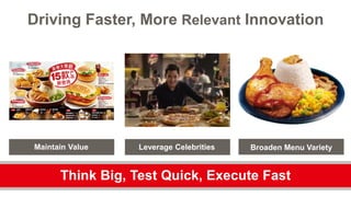 Driving Faster, More Relevant Innovation
Think Big, Test Quick, Execute Fast
Maintain Value Leverage Celebrities Broaden Menu Variety
 
