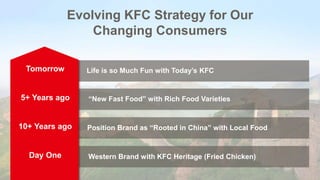 Evolving KFC Strategy for Our
Changing Consumers
“New Fast Food” with Rich Food Varieties
Tomorrow
5+ Years ago
10+ Years ago
Day One
Life is so Much Fun with Today’s KFC
Position Brand as “Rooted in China” with Local Food
Western Brand with KFC Heritage (Fried Chicken)
 