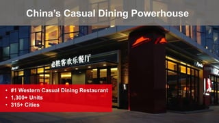 China’s Casual Dining Powerhouse
• #1 Western Casual Dining Restaurant
• 1,300+ Units
• 315+ Cities
 