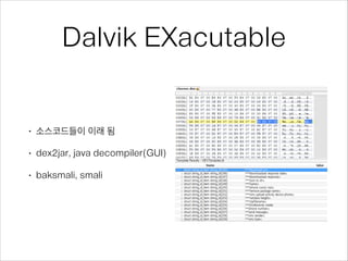 Dalvik EXacutable
• 소스코드들이 이래 됨
• dex2jar, java decompiler(GUI)
• baksmali, smali
 
