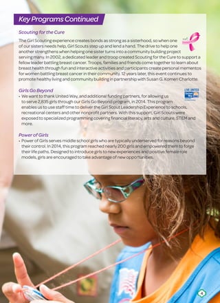 Scouting for the Cure
 •
The Girl Scouting experience creates bonds as strong as a sisterhood, so when one
of our sisters needs help, Girl Scouts step up and lend a hand. The drive to help one
another strengthens when helping one sister turns into a community building project
serving many. In 2002, a dedicated leader and troop created Scouting for the Cure to support a
fellow leader battling breast cancer. Troops, families and friends come together to learn about
breast health through fun and interactive activities and participants create personal mementos
for women battling breast cancer in their community. 12 years later, this event continues to
promote healthy living and community building in partnership with Susan G. Komen Charlotte.
Girls Go Beyond
• We want to thank United Way, and additional funding partners, for allowing us
to serve 2,835 girls through our Girls Go Beyond program, in 2014. This program
enables us to use staff time to deliver the Girl Scout Leadership Experience to schools,
recreational centers and other nonprofit partners. With this support, Girl Scouts were
exposed to specialized programming covering financial literacy, arts and culture, STEM and
more.
Power of Girls
• Power of Girls serves middle school girls who are typically underserved for reasons beyond
their control. In 2014, this program reached nearly 200 girls and empowered them to forge
their life paths. Designed to introduce girls to new experiences and positive female role
models, girls are encouraged to take advantage of new opportunities.
KeyProgramsContinued
4
 