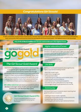 represents the highest achievement in Girl Scouting;
it recognizes girls in grades 9 through 12 who
demonstrate extraordinary leadership through
remarkable take action projects that have sustainable
impact in their communities and beyond. Since 1916,
girls have successfully answered the call to Go Gold,
an act that indelibly marks them as accomplished
members of their communities and the world.
59 million alumnae are more successful in school,
develop a stronger sense of self, and report greater
satisfaction with life than their peers.
TheGirlScoutGoldAward
CongratulationsGirlScouts!
In 2014, seventeen young women of Girl Scouts, Hornets’ Nest Council demonstrated a special commitment to themselves,
their community, their world and the future by earning the Girl Scout Gold Award - the highest honor in Girl Scouting!
Only 5.4% of the 2.3 million Girl Scouts nationwide earn this highest honor.
Higher education/Career:
Girl Scout Gold Award recipients rate their general
success in life significantly higher and report higher
success in reaching their goals within many diverse
domains (education, career, and volunteer work)
• Distinguishing herself amongst competition for college
• Scholarship opportunities
• Enter military one rank higher
Life Skills:
Girl Scout Gold Award recipients place significantly
higher importance on being a leader
• Be a role model to girls
• Learn time management
• Empower her to lead
• Teach her how to make the world a better place
• Enhance self-worth/confidence
• Joins networks of Gold Award recipients
• Provides her with a safe place to try new things
• Encourages the girl to set aspirations for her life
Community:
Girl Scout Gold Award recipients report reaching their
goals for political involvement
• Tackling an issue, locally or globally
• Providing a sustainable solution to the community
• Establishing a lifetime network
• Provides girls with adult project advisors/mentors
This pin is awarded to all Girl Scouts who
go above and beyond in achieving their
Gold Award.
GirlScoutGoldAwardPin
5
 
