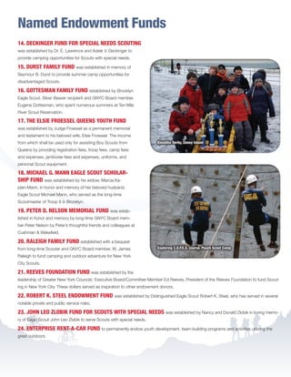 Named Endowment Funds
Klondike Derby, Coney Island
Exploring C.O.P.E.S. course, Pouch Scout Camp
14. DECKINGER FUND FOR SPECIAL NEEDS SCOUTING
was established by Dr. E. Lawrence and Adele V. Deckinger to
provide camping opportunities for Scouts with special needs.
15. DURST FAMILY FUND was established in memory of
Seymour B. Durst to provide summer camp opportunities for
disadvantaged Scouts.
16. GOTTESMAN FAMILY FUND established by Brooklyn
Eagle Scout, Silver Beaver recipient and GNYC Board member,
Eugene Gottesman, who spent numerous summers at Ten Mile
River Scout Reservation.
17. THE ELSIE FROESSEL QUEENS YOUTH FUND
was established by Judge Froessel as a permanent memorial
and testament to his beloved wife, Elsie Froessel. The income
from which shall be used only for assisting Boy Scouts from
Queens by providing registration fees, troop fees, camp fees
and expenses, jamboree fees and expenses, uniforms, and
personal Scout equipment.
18. MICHAEL G. MANN EAGLE SCOUT SCHOLAR-
SHIP FUND was established by his widow, Marcia Ka-
plan-Mann, in honor and memory of her beloved husband,
Eagle Scout Michael Mann, who served as the long-time
Scoutmaster of Troop 8 in Brooklyn.
19. PETER D. NELSON MEMORIAL FUND was estab-
lished in honor and memory by long-time GNYC Board mem-
ber Peter Nelson by Peter’s thoughtful friends and colleagues at
Cushman  Wakefield.
20. RALEIGH FAMILY FUND established with a bequest
from long-time Scouter and GNYC Board member, W. James
Raleigh to fund camping and outdoor adventure for New York
City Scouts.
21. REEVES FOUNDATION FUND was established by the
leadership of Greater New York Councils’ Executive Board/Committee Member Ed Reeves, President of the Reeves Foundation to fund Scout-
ing in New York City. These dollars served as inspiration to other endowment donors.
22. ROBERT K. STEEL ENDOWMENT FUND was established by Distinguished Eagle Scout Robert K. Steel, who has served in several
notable private and public service roles.
23. JOHN LEO ZLOBIK FUND FOR SCOUTS WITH SPECIAL NEEDS was established by Nancy and Donald Zlobik in loving memo-
ry of Eagle Scout John Leo Zlobik to serve Scouts with special needs.
24. ENTERPRISE RENT-A-CAR FUND to permanently endow youth development, team-building programs and activities utilizing the
great outdoors.
BS-GNYC-AR-0215.indd 21 3/3/15 12:51 PM
 