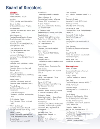 Directors
Robert Adamo
Partner, Deloitte  Touche
Jino Ahn
CEO  Founder, Asian Diversity, Inc.
Steven M. Alden
Of Council, Debevoise  Plimpton
Vincent Alvarez
President, New York City Central Labor
Council, AFL-CIO
John H. Austin, Jr.
Assistant Special Agent-in-Charge,
Drug Enforcement Administration
David S. Bagatelle
President, New York Metro Markets,
Sterling National Bank
Chief Philip Banks, III
Chief of Department, New York
City Police Department
Lawrence E. Bathgate, II
Managing Partner, Bathgate, Wegener
 Wolf P.C.
Gregory Braca
President, Metro New York TD Bank
David Buckner
President, Bottom Line Training 
Consulting, Inc.
John A. Catsimatidis
Chairman and Chief Executive Officer,
Red Apple Group
James Claffey
President, International Alliance of
Theatrical Stage Employees Local 1
Arthur B. Crozier
Co-Chairman, Innisfree M  A
Incorporated
Donald J. Cunningham
Director of Operations, Private Family
Office
Dr. Christopher Dennis
Chief Psychiatric Officer, Landmark
Health
William Q. Derrough
Managing Director, Co-Head of
Recapitalization  Restructuring, Moelis
James J. Devine
Retired President  Chief Executive
Officer, New York Container Terminal
Gregory Floyd
President, Teamsters Local 237
Richard Hans
Co-Managing Partner, DLA Piper
William J. Haynes, III
Executive Vice President  General
Counsel, SIGA Technologies, Inc.
R. Glenn Hubbard
Dean, Graduate School of Business,
Columbia University
M. Benjamin Jones
Senior Managing Director, CDG Group
Gary LaBarbera
President, Building  Construction
Trades Council of Greater New York
Carol Notias Lambos, Esq.
The Lambos Firm LLP
Ron Lo Russo
President, Cushman  Wakfield
Brian T. Maloney
Former President, UNISYS Global
Industries
Geoffrey A. Mills
Managing Director
Crowne Plaza Times Square Manhattan
Joseph Mizzi
President, Sciame Construction Co.
Scott Nadeau
General Manager, New York Marriott
Marquis
Peter D. Noris
Former Chief Investment Officer,
AXA Equitable Life
Bishop John O’Hara
Office of Strategic Pastoral Planning,
Archdiocese of New York
Colin Pinnavaia
Assistant Director Technology, Teacher,
St. Edmund Preparatory School
Christopher Raleigh
Senior Vice President - General Sales
Manager, The Weather Channel
Asim Rehman
General Counsel, Office of the Inspector
General For the New York City Police
Department, NYC Department of
Investigation
Michael A. Ross, Esq.
Senior Advisor, Blaqwell, Inc.
Jack Rudin
Chairman, Rudin Management
Company, Inc.
David V. Shields
Vice Chairman, Wellington Shields  Co.
LLC
Gregory A. Shunick
Managing Principal, G3 Architects
Andrew J. Sommer
OA Lodge Chief, Kintecoying
Hon. Robert K. Steel
Chief Executive Officer, Perella Weinberg
Partners LP
Alphonso E. Tindall, Jr., Esq.
Squire PattonBoggs LLP
John F. Tsui
Managing Principal, Peninsula House,
LLC
David Vavrasek
Global Human Resources Executive,
Tyco
Gary Wendlandt
Former Vice Chairman, New York Life
Insurance Company
Allen R. Wolff, Esq.
Shareholder, Anderson Kill
Advisory Board
William G. Cohen
Executive Vice President, Newmark
Grubb Knight Frank
E. Virgil Conway
Chairman, Rittenhouse Advisors
David Davis
President  General Manager, WABC TV
John E. Franzreb, III
Thomas G. Fruge
Managing Director, Goldman Sachs 
Company
Earl G. Graves
Chairman  Chief Executive Officer,
Earl G. Graves Publishing Company
The Hon. Thomas P. Griesa
United States District Court, Southern
District of New York
Charles H. Kaplan, Esq.
Member, Sills Cymmis  Gross P.C.
Hon. Raymond W. Kelly
President, Risk Management Services,
Cushman  Wakefield Inc.
Benjamin V. Lambert
Chairman, Eastdil Secured
Board of Directors
BS-GNYC-AR-0215.indd 8 3/3/15 12:50 PM
 