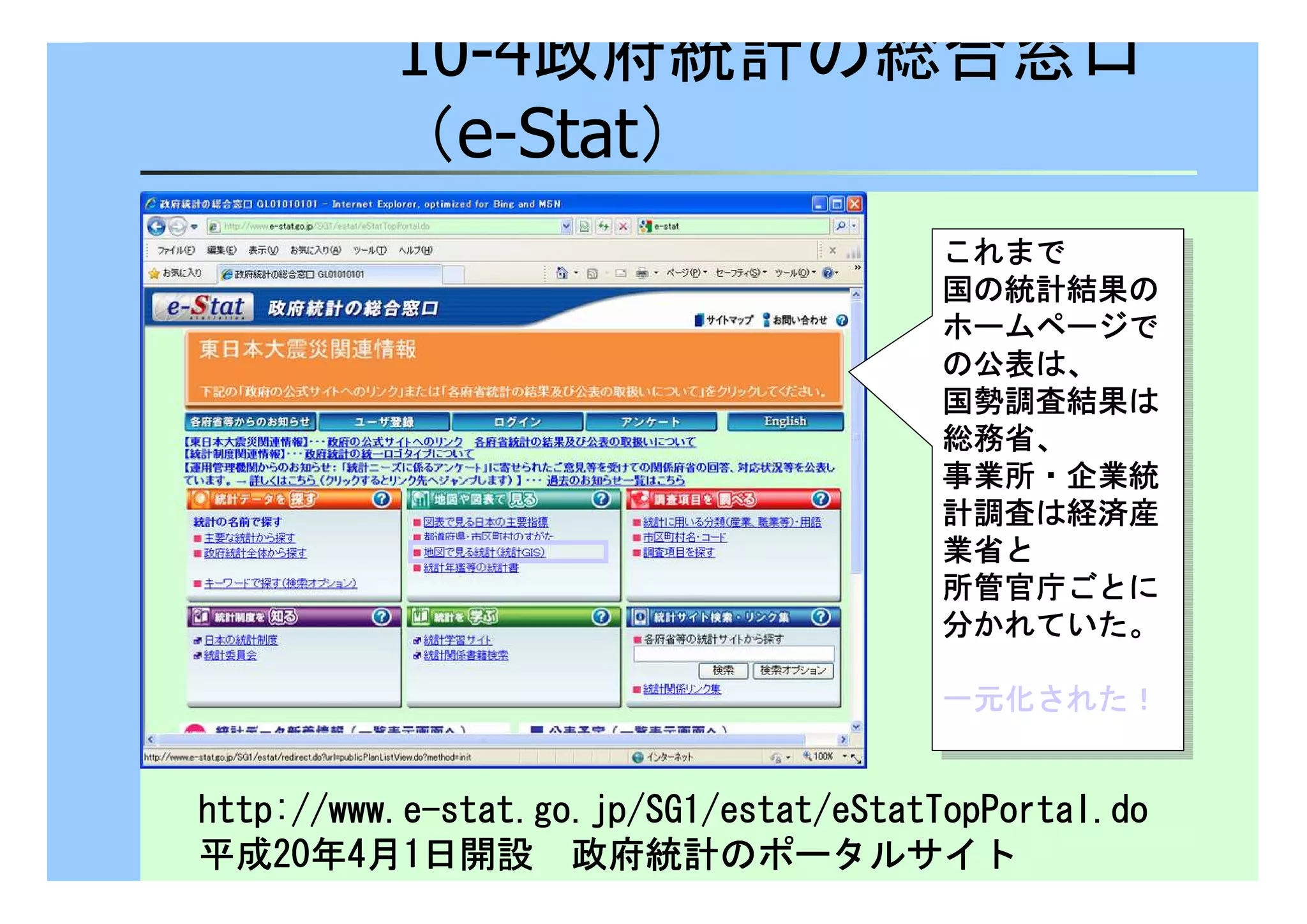 10-4政府統計の総合窓口 
（e-Stat） 
これまで
国の統計結果の
ホームページで
の公表は、
国勢調査結果は
総務省、
事業所・企業統
計調査は経済産
業省と
所管官庁ごとに
分かれていた。
これまで
国の統計結果の
ホームページで
の公表は、
国勢調査結果は
総務省、
事業所・企業統
計調査は経済産
業省と
所管官庁ごとに
分かれていた。
一元化された！！！！ 
一元化された！！！！ 
hhhhttttttttpppp::::////////wwwwwwwwwwww....e-ssssttttaaaatttt....ggggoooo....jjjjpppp////SSSSGGGG1111////eeeessssttttaaaatttt/eeeeSSSSttttaaaattttTTTTooooppppPPPPoooorrrrttttaaaallll....ddddoooo 
平成22220000年4月1日開設　政府統計のポータルサイト 
 