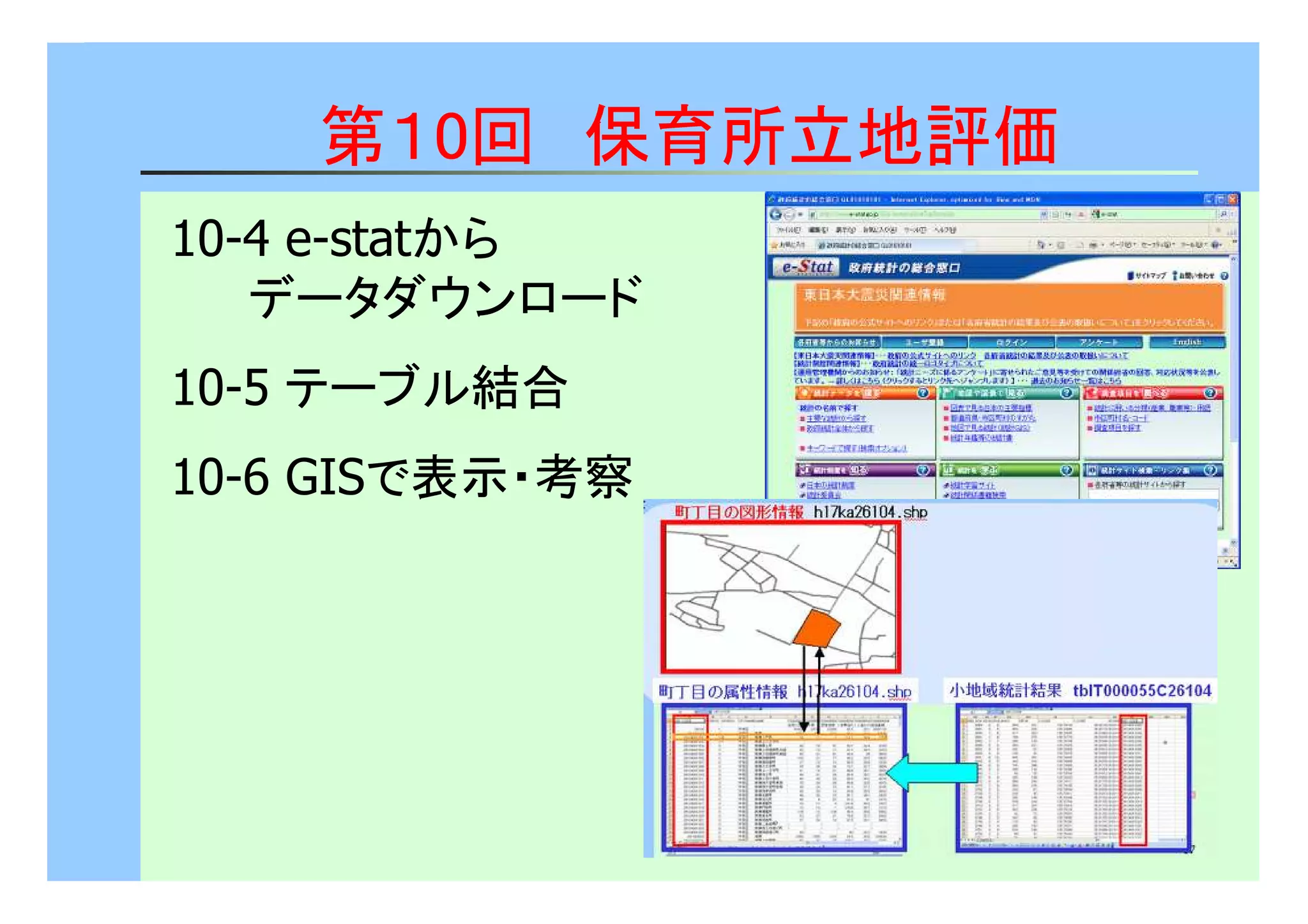 第１0回　保育所立地評価 
10-4 e-statから 
データダウンロード 
10-5 テーブル結合 
10-6 GISで表示・考察 
 