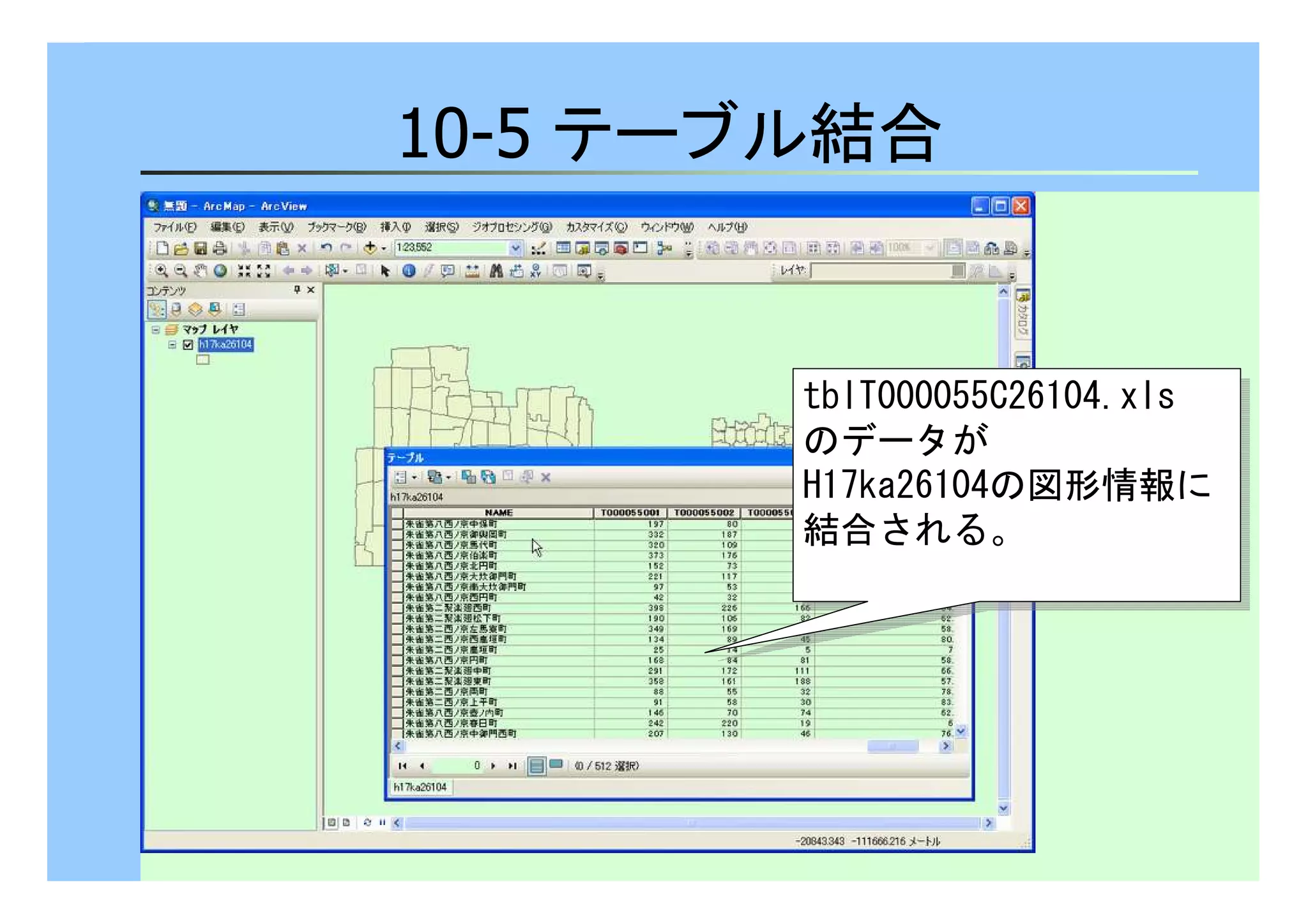 10-5 テーブル結合 
tblT000055C26104.xls 
のデータが 
H17ka26104の図形情報に 
結合される。 
tblT000055C26104.xls 
のデータが 
H17ka26104の図形情報に 
結合される。 
 