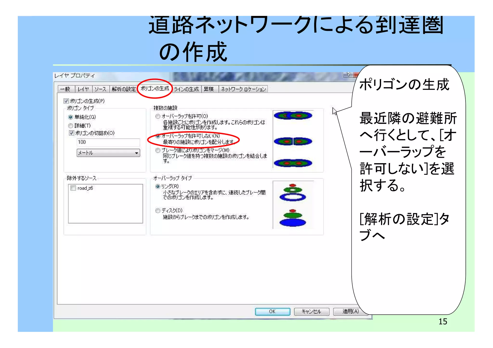 道路ネットワークによる到達圏 
の作成 
ポリゴンの生成 
最近隣の避難所 
へ行くとして、[オ 
ーバーラップを 
許可しない]を選 
択する。 
[解析の設定]タ 
ブへ 
15 
 