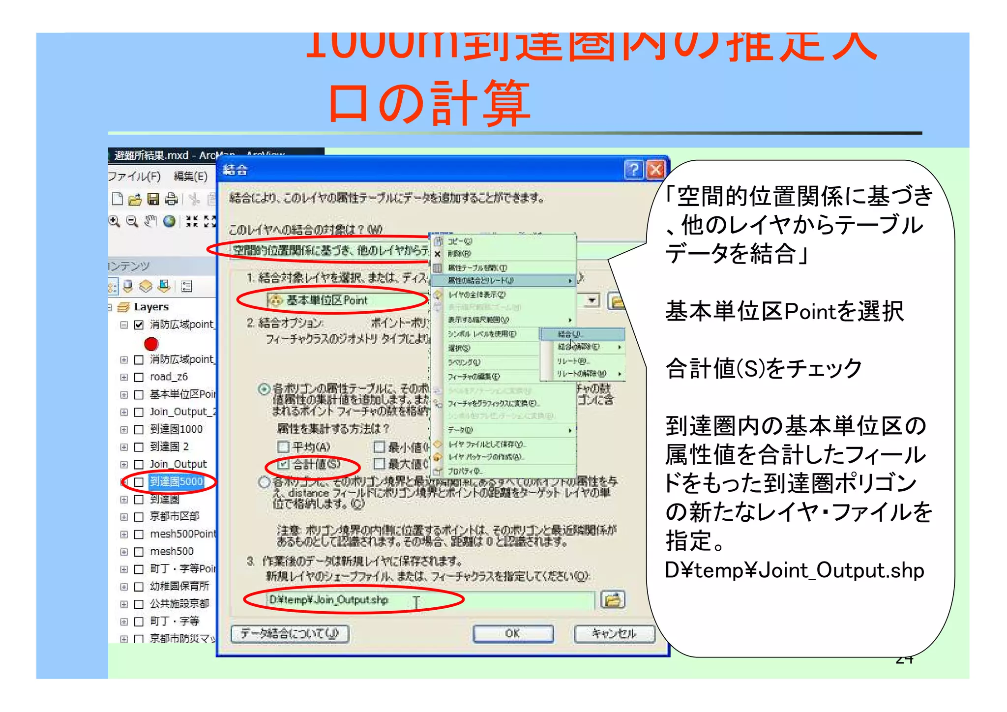24 
1000m到達圏内の推定人 
口の計算 
「空間的位置関係に基づき 
、他のレイヤからテーブル 
データを結合」 
基本単位区Pointを選択 
合計値(S)をチェック 
到達圏内の基本単位区の 
属性値を合計したフィール 
ドをもった到達圏ポリゴン 
の新たなレイヤ・ファイルを 
指定。 
D¥temp¥Joint_Output.shp 
 