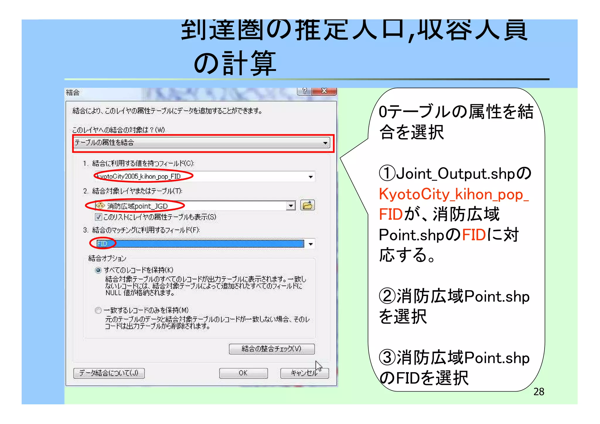 28 
到達圏の推定人口,収容人員 
の計算 
0テーブルの属性を結 
合を選択 
①Joint_Output.shpの 
KyotoCity_kihon_pop_ 
FIDが、消防広域 
Point.shpのFIDに対 
応する。 
②消防広域Point.shp 
を選択 
③消防広域Point.shp 
のFIDを選択 
 