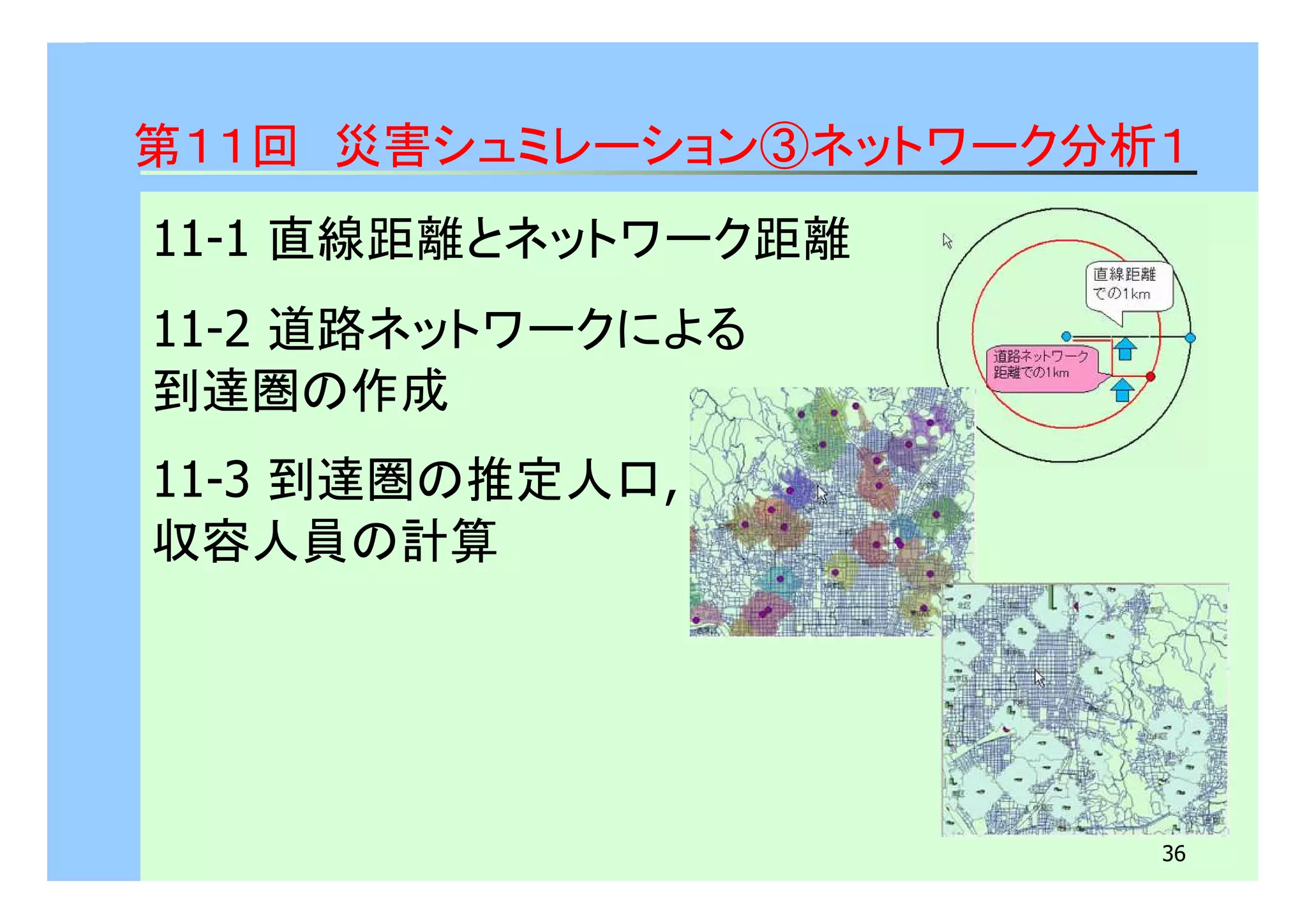 第１１回　災害シュミレーション③ネットワーク分析１ 
36 
11-1 直線距離とネットワーク距離 
11-2 道路ネットワークによる 
到達圏の作成 
11-3 到達圏の推定人口, 
収容人員の計算 
