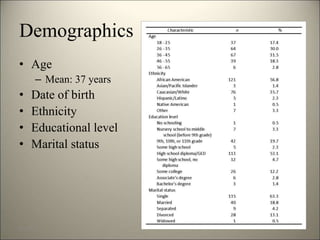 Demographics 
• Age 
– Mean: 37 years 
• Date of birth 
• Ethnicity 
• Educational level 
• Marital status 
8/7/2014 12 
 