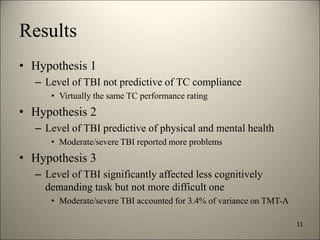 Results 
• Hypothesis 1 
– Level of TBI not predictive of TC compliance 
• Virtually the same TC performance rating 
• Hypothesis 2 
– Level of TBI predictive of physical and mental health 
• Moderate/severe TBI reported more problems 
• Hypothesis 3 
– Level of TBI significantly affected less cognitively 
demanding task but not more difficult one 
• Moderate/severe TBI accounted for 3.4% of variance on TMT-A 
11 
8/7/2014 14 
 
