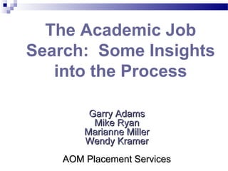 The Academic Job
Search: Some Insights
into the Process
Garry AdamsGarry Adams
Mike RyanMike Ryan
Marianne MillerMarianne Miller
Wendy KramerWendy Kramer
AOM Placement ServicesAOM Placement Services
 