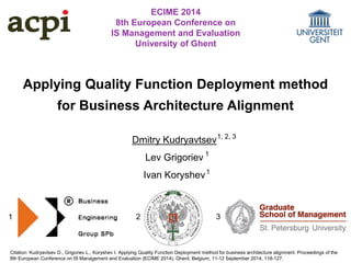 Applying Quality Function Deployment method 
for Business Architecture Alignment 
Dmitry Kudryavtsev 
Lev Grigoriev 
Ivan Koryshev 
1, 2, 3 
1 
1 
1 
2 
3 
ECIME 2014 
8th European Conference on 
IS Management and Evaluation 
University of Ghent 
Citation: Kudryavtsev D., Grigoriev L., Koryshev I. Applying Quality Function Deployment method for business architecture alignment. Proceedings of the 8th European Conference on IS Management and Evaluation (ECIME 2014), Ghent, Belgium, 11-12 September 2014, 118-127.  