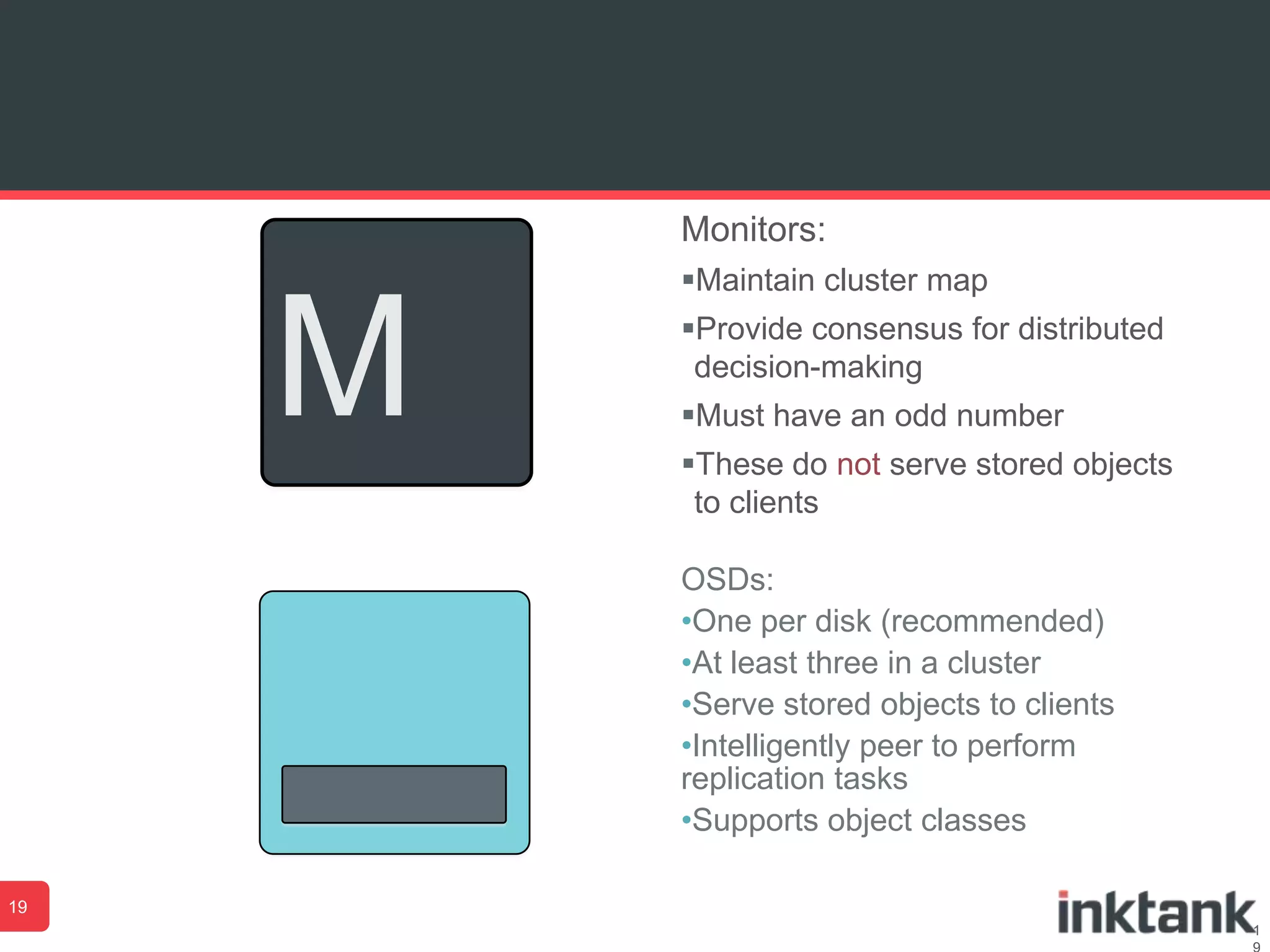 1
Monitors:
Maintain cluster map
Provide consensus for distributed
decision-making
Must have an odd number
These do not serve stored objects
to clients
M
OSDs:
•One per disk (recommended)
•At least three in a cluster
•Serve stored objects to clients
•Intelligently peer to perform
replication tasks
•Supports object classes
19
 