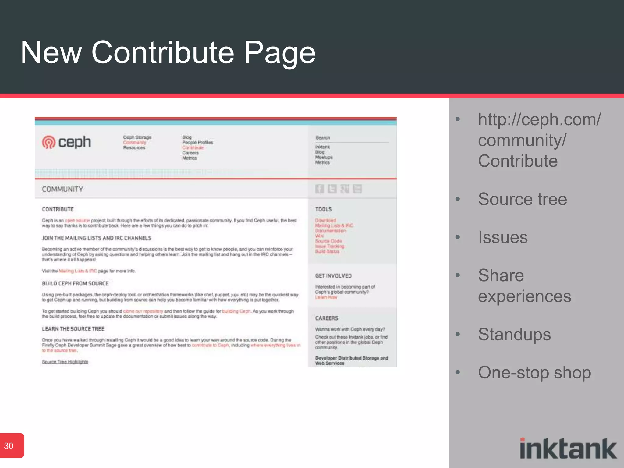 New Contribute Page
30
• http://ceph.com/
community/
Contribute
• Source tree
• Issues
• Share
experiences
• Standups
• One-stop shop
 