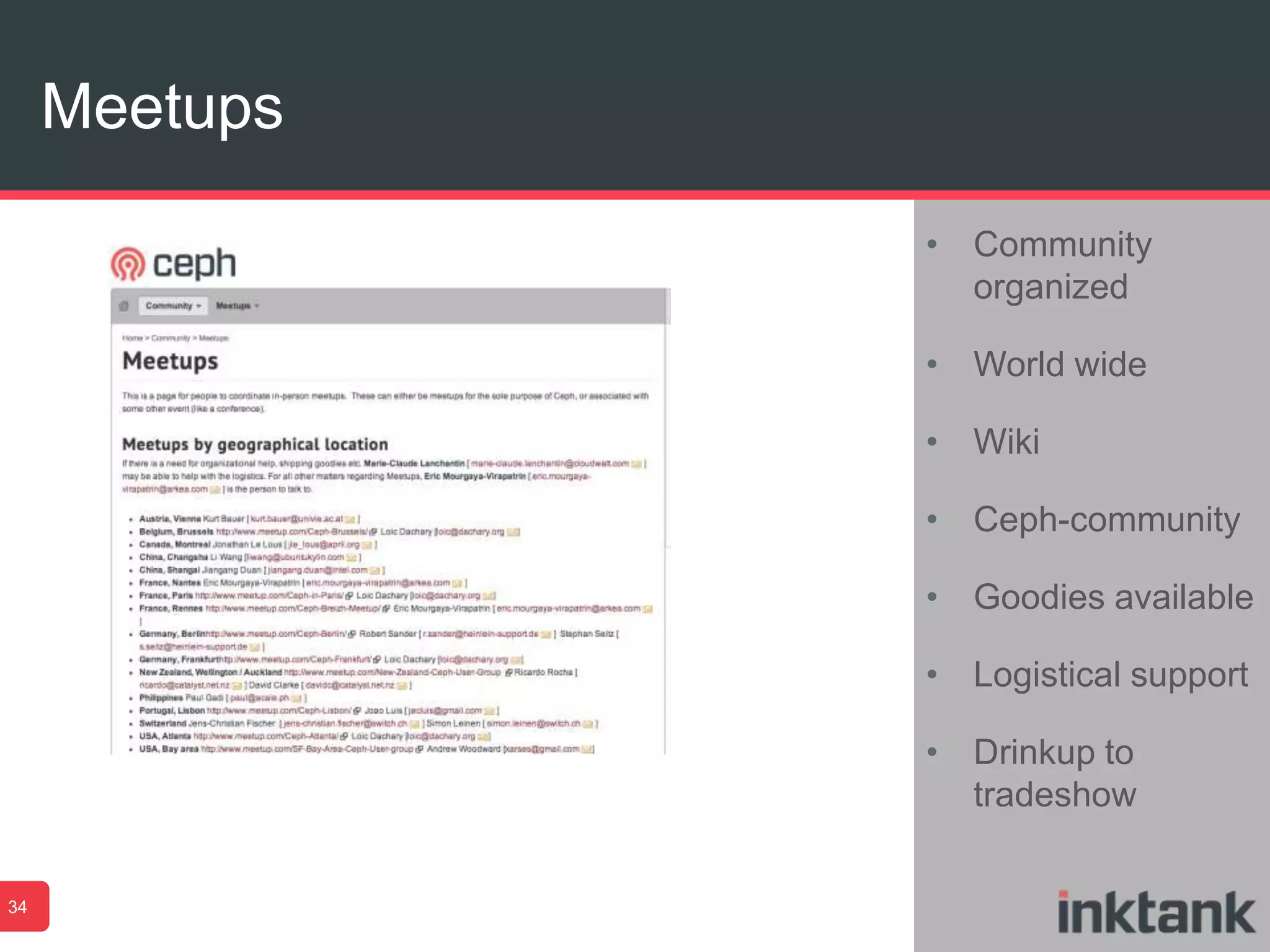 Meetups
34
• Community
organized
• World wide
• Wiki
• Ceph-community
• Goodies available
• Logistical support
• Drinkup to
tradeshow
 