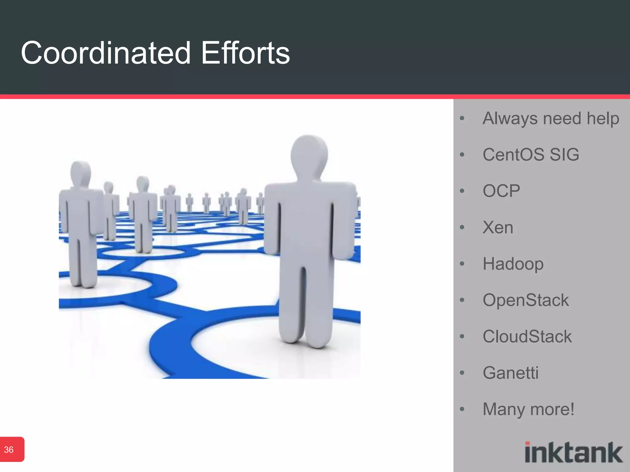 Coordinated Efforts
36
• Always need help
• CentOS SIG
• OCP
• Xen
• Hadoop
• OpenStack
• CloudStack
• Ganetti
• Many more!
 