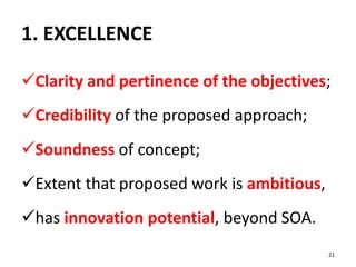 Clarity and pertinence of the objectives;
Credibility of the proposed approach;
Soundness of concept;
Extent that proposed work is ambitious,
has innovation potential, beyond SOA.
21
1. EXCELLENCE
 