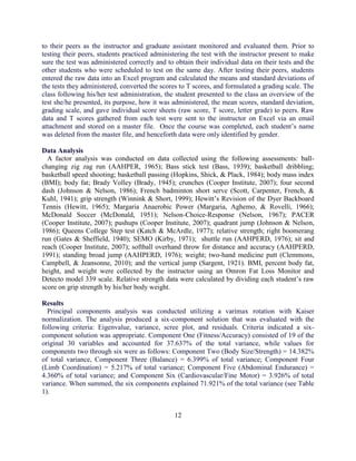 12 
to their peers as the instructor and graduate assistant monitored and evaluated them. Prior to testing their peers, students practiced administering the test with the instructor present to make sure the test was administered correctly and to obtain their individual data on their tests and the other students who were scheduled to test on the same day. After testing their peers, students entered the raw data into an Excel program and calculated the means and standard deviations of the tests they administered, converted the scores to T scores, and formulated a grading scale. The class following his/her test administration, the student presented to the class an overview of the test she/he presented, its purpose, how it was administered, the mean scores, standard deviation, grading scale, and gave individual score sheets (raw score, T score, letter grade) to peers. Raw data and T scores gathered from each test were sent to the instructor on Excel via an email attachment and stored on a master file. Once the course was completed, each student’s name was deleted from the master file, and henceforth data were only identified by gender. Data Analysis 
A factor analysis was conducted on data collected using the following assessments: ball- changing zig zag run (AAHPER, 1965); Bass stick test (Bass, 1939); basketball dribbling; basketball speed shooting; basketball passing (Hopkins, Shick, & Plack, 1984); body mass index (BMI); body fat; Brady Volley (Brady, 1945); crunches (Cooper Institute, 2007); four second dash (Johnson & Nelson, 1986); French badminton short serve (Scott, Carpenter, French, & Kuhl, 1941); grip strength (Winnink & Short, 1999); Hewitt’s Revision of the Dyer Backboard Tennis (Hewitt, 1965); Margaria Anaerobic Power (Margaria, Aghemo, & Rovelli, 1966); McDonald Soccer (McDonald, 1951); Nelson-Choice-Response (Nelson, 1967); PACER (Cooper Institute, 2007); pushups (Cooper Institute, 2007); quadrant jump (Johnson & Nelson, 1986); Queens College Step test (Katch & McArdle, 1977); relative strength; right boomerang run (Gates & Sheffield, 1940); SEMO (Kirby, 1971); shuttle run (AAHPERD, 1976); sit and reach (Cooper Institute, 2007); softball overhand throw for distance and accuracy (AAHPERD, 1991); standing broad jump (AAHPERD, 1976); weight; two-hand medicine putt (Clemmons, Campbell, & Jeansonne, 2010); and the vertical jump (Sargent, 1921). BMI, percent body fat, height, and weight were collected by the instructor using an Omron Fat Loss Monitor and Detecto model 339 scale. Relative strength data were calculated by dividing each student’s raw score on grip strength by his/her body weight. Results Principal components analysis was conducted utilizing a varimax rotation with Kaiser normalization. The analysis produced a six-component solution that was evaluated with the following criteria: Eigenvalue, variance, scree plot, and residuals. Criteria indicated a six- component solution was appropriate. Component One (Fitness/Accuracy) consisted of 19 of the original 30 variables and accounted for 37.637% of the total variance, while values for components two through six were as follows: Component Two (Body Size/Strength) = 14.382% of total variance, Component Three (Balance) = 6.399% of total variance; Component Four (Limb Coordination) = 5.217% of total variance; Component Five (Abdominal Endurance) = 4.360% of total variance; and Component Six (Cardiovascular/Fine Motor) = 3.926% of total variance. When summed, the six components explained 71.921% of the total variance (see Table 1).  
