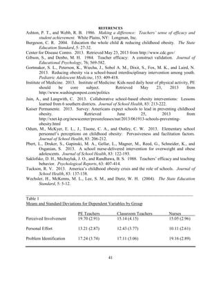 41 
REFERENCES 
Ashton, P. T., and Webb, R. B. 1986. Making a difference: Teachers’ sense of efficacy and student achievement. White Plains, NY: Longman, Inc. 
Burgeson, C. R. 2004. Education the whole child & reducing childhood obesity. The State Education Standard, 5: 27-32. 
Center for Disease Contro. 2013. Retrieved May 23, 2013 from http://www.cdc.gov/ 
Gibson, S., and Denbo, M. H. 1984. Teacher efficacy: A construct validation. Journal of Educational Psychology, 76; 569-582. 
Gortmaker, S. L., Peterson, K., Wiecha, J., Sobol A. M., Dixit, S., Fox, M. K., and Laird, N. 2013. Reducing obesity via a school-based interdisciplinary intervention among youth. Pediatric Adolescent Medicine, 153: 409-418. 
Institute of Medicine. 2013. Institute of Medicine: Kids need daily hour of physical activity, PE should be core subject. Retrieved May 23, 2013 from http://www.washingtonpost.com/politics 
Jain, A., and Langwith, C. 2013. Collaborative school-based obesity interventions: Lessons learned from 6 southern districts. Journal of School Health, 83: 213-222. 
Kaiser Permanente. 2013. Survey: Americans expect schools to lead in preventing childhood obesity. Retrieved June 25, 2013 from http://xnet.kp.org/newscenter/pressreleases/nat/2013/061913-schools-preventing- obesity.html 
Odum, M., McKyer, E. L., J., Tisone, C. A., and Outley, C. W. 2013. Elementary school personnel’s perceptions on childhood obesity: Pervasiveness and facilitation factors. Journal of School Health, 83: 206-212. 
Pbert, L., Druker, S., Gapinski, M. A., Gellar, L., Magner, M., Reed, G., Schneider, K., and Osganian, S. 2013. A school nurse-delivered intervention for overweight and obese adolescents. Journal of School Health, 83: 122-193. 
Saklofske, D. H., Michayluk, J. O., and Randhawa, B. S. 1988. Teachers’ efficacy and teaching behavior. Psychological Reports, 63: 407-414. 
Tuckson, R. V. 2013. America’s childhood obesity crisis and the role of schools. Journal of School Health, 83: 137-138. 
Wechsler, H., McKenns, M. L., Lee, S. M., and Dietz, W. H. (2004). The State Education Standard, 5: 5-12. 
_____________________________________________________________________________ 
Table 1 
Means and Standard Deviations for Dependent Variables by Group 
PE Teachers Classroom Teachers Nurses 
Perceived Involvement 19.70 (2.91) 15.14 (4.15) 15.05 (2.96) 
Personal Effort 13.21 (2.87) 12.43 (3.77) 10.11 (2.61) 
Problem Identification 17.24 (3.74) 17.11 (3.06) 19.16 (2.89) 
 