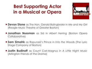 Best Supporting Actor
in a Musical or Opera
 Devon Stone as The Hon. Gerald Bolingbroke in Me and My Girl
(Reagle Music Theatre of Greater Boston)
 Jonathan Nussman as Sid in Albert Herring (Boston Opera
Collaborative)
 Sam Simahk as Rapunzel’s Prince in Into the Woods (The Lyric
Stage Company of Boston)
 Justin Budinoff as Count Carl-Magnus in A Little Night Music
(Arlington Friends of the Drama)
 