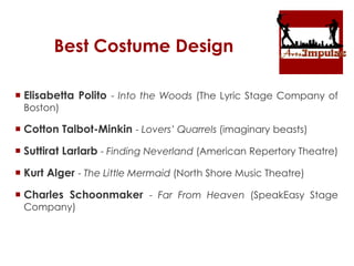 Best Costume Design
 Elisabetta Polito - Into the Woods (The Lyric Stage Company of
Boston)
 Cotton Talbot-Minkin - Lovers’ Quarrels (imaginary beasts)
 Suttirat Larlarb - Finding Neverland (American Repertory Theatre)
 Kurt Alger - The Little Mermaid (North Shore Music Theatre)
 Charles Schoonmaker - Far From Heaven (SpeakEasy Stage
Company)
 