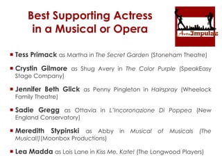 Best Supporting Actress
in a Musical or Opera
 Tess Primack as Martha in The Secret Garden (Stoneham Theatre)
 Crystin Gilmore as Shug Avery in The Color Purple (SpeakEasy
Stage Company)
 Jennifer Beth Glick as Penny Pingleton in Hairspray (Wheelock
Family Theatre)
 Sadie Gregg as Ottavia in L’Incoronazione Di Poppea (New
England Conservatory)
 Meredith Stypinski as Abby in Musical of Musicals (The
Musical!)(Moonbox Productions)
 Lea Madda as Lois Lane in Kiss Me, Kate! (The Longwood Players)
 