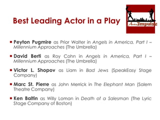 Best Leading Actor in a Play
 Peyton Pugmire as Prior Walter in Angels in America, Part I –
Millennium Approaches (The Umbrella)
 David Berti as Roy Cohn in Angels in America, Part I –
Millennium Approaches (The Umbrella)
 Victor L. Shopov as Liam in Bad Jews (SpeakEasy Stage
Company)
 Marc St. Pierre as John Merrick in The Elephant Man (Salem
Theatre Company)
 Ken Baltin as Willy Loman in Death of a Salesman (The Lyric
Stage Company of Boston)
 