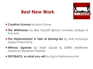 Best New Work
 Creative License by Kevin Cirone
 The Whitmores by Ben Ducoff (Boston University College of
Fine Arts)
 The Haberdasher! A Tale of Derring-Do by Walt McGough
(Argos Productions)
 Witness Uganda by Matt Gould & Griffin Matthews
(American Repertory Theatre)
 SEXYBACK, or what you will by ToUch Performance Art
 