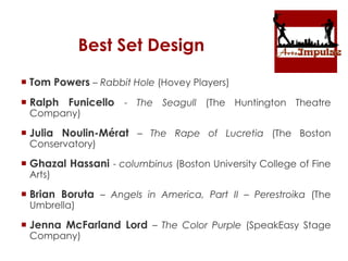 Best Set Design
 Tom Powers – Rabbit Hole (Hovey Players)
 Ralph Funicello - The Seagull (The Huntington Theatre
Company)
 Julia Noulin-Mérat – The Rape of Lucretia (The Boston
Conservatory)
 Ghazal Hassani - columbinus (Boston University College of Fine
Arts)
 Brian Boruta – Angels in America, Part II – Perestroika (The
Umbrella)
 Jenna McFarland Lord – The Color Purple (SpeakEasy Stage
Company)
 