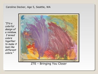 Caroline Decker, Age 5, Seattle, WA 
ZTE – Bringing You Closer 
“It’s a 
colorful 
design of 
a rainbow. 
I mixed 
colors 
together 
to make it 
look like 
different 
colors.” 
 